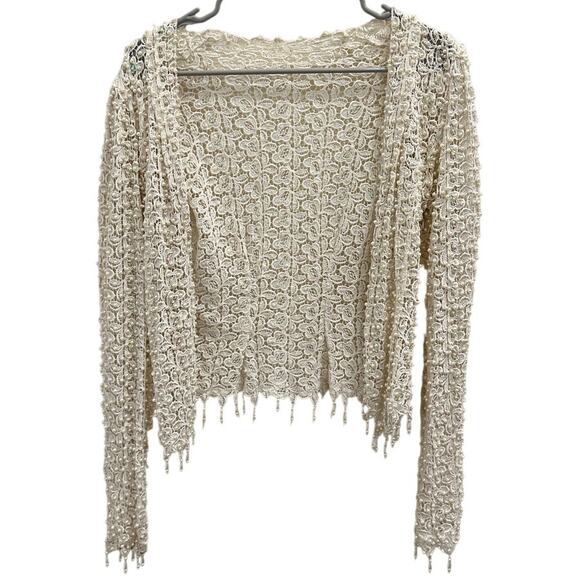 VTG Ivory Beaded Lace Cardigan Pearl & Sequin Embellished Party Bridal NYE Glam - Picture 1 of 11